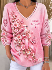 Pull Femme Rose Français Cancer Du Sein Imprimé Oiseau Décontracté Col V