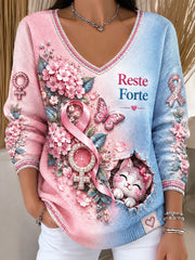 Pull à col en V Décontracté Femme Rose Français Cancer Du Sein Imprimé Dégradé