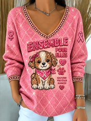 Pull à col en V Femme Rose Français Cancer Du Sein Chiot Imprimé Décontracté