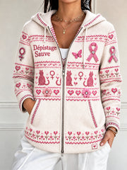 Veste à capuche décontractée femme blanc cassé French Breast Cancer Print