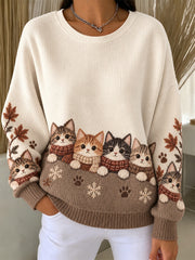 Sweat-shirt à col rond côtelé pour femme, motif mignon de chats pour l’automne et l’hiver