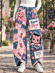 Pantalon décontracté pour femme, imprimé patchwork «Kitten» sur le thème du cancer du sein en France
