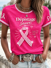 T-shirt décontracté rose pour femmes avec imprimé français sur le cancer du sein