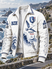 Veste zippée décontractée pour homme, blanche, à imprimé mouette bretonne française