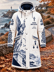 Veste longue décontractée à capuche pour homme, blanche, imprimé breton