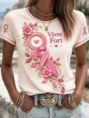 T-shirt décontracté pour femme, motif floral, cancer du sein, France
