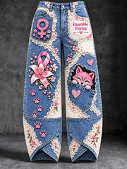 Pantalon décontracté pour femme, imprimé patchwork sur le thème du cancer du sein, en denim, France