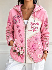 Veste décontractée à capuche pour femme, imprimé patchwork rose à motif français sur le thème du cancer du sein
