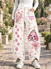 Pantalon décontracté rétro pour femme, blanc cassé, imprimé chiot France contre le cancer du sein