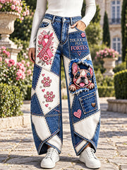 Pantalons décontractés pour femme, imprimé patchwork en jean avec motifs sur le thème du cancer du sein en France