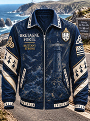 Veste décontractée zippée pour homme, bleu foncé, imprimé patchwork breton français