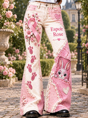 Pantalon évasé décontracté pour femmes, motif mignon de lapin, sensibilisation au cancer du sein en France