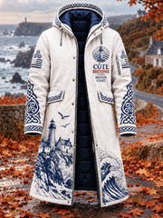 Veste longue décontractée à capuche pour homme, couleur écru, imprimé celte de Bretagne française