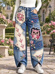 Pantalon décontracté pour femme, imprimé patchwork chouette, motif cancer du sein français