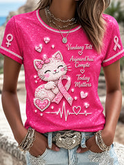 T-shirt décontracté pour femme avec imprimé mignon de chaton, en soutien à la sensibilisation au cancer du sein en France