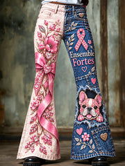 Pantalon évasé décontracté pour femme, motif floral et chiots, cancer du sein en France