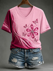 T-shirt rose imprimé à col en V pour le cancer du sein chez la femme