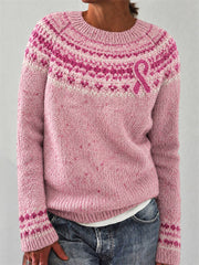 Pull col rond à empiècement et ruban rose de sensibilisation au cancer du sein, motif Isle pour femmes