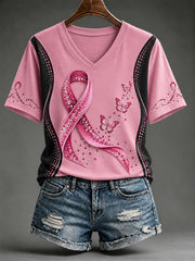 T-shirt rose imprimé à col en V pour le cancer du sein chez la femme