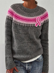 Pull col rond à empiècement et ruban rose de sensibilisation au cancer du sein, motif Isle pour femmes
