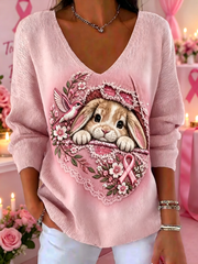 Top Côtelé Femme Rose Cancer Du Sein Imprimé Art Col V