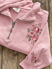 Sweat-shirt zippé à imprimé floral et ruban rose pour femme