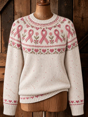 Pull à manches longues pour femme, style vintage, avec motif imprimé «Yoke Isle» et ruban rose