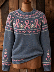 Pull à manches longues pour femme, style vintage, avec motif imprimé «Yoke Isle» et ruban rose