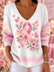 Haut côtelé à col en V avec impression artistique rose sur le thème du cancer du sein chez la femme