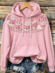 Sweat à capuche décontracté pour femme, motif chat et ruban rose de sensibilisation