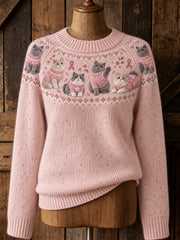 Pull décontracté à manches raglan pour femme, motif chat et ruban rose de la solidarité