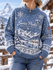 Sweat-shirt en maille à col roulé pour femme, imprimé graphique d’inspiration alpine