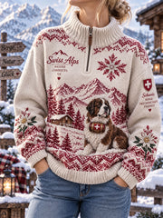 Sweat-shirt en maille à col roulé pour femme, imprimé graphique d’inspiration alpine