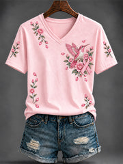 T-shirt rose imprimé à col en V pour le cancer du sein chez la femme