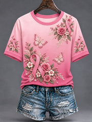 T-shirt à manches courtes rose à fleurs pour femmes, cancer du sein