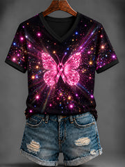 T-shirt rose imprimé à col en V pour le cancer du sein chez la femme