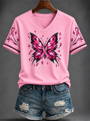 T-shirt rose imprimé à col en V pour le cancer du sein chez la femme