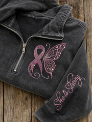 Elle est des femmes forte ruban rose papillon Glitter Art Print Zip Up Sweatshirt