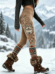 Leggings vintage en velours épais pour femme, motif tête de loup viking et motifs aztèques