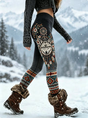 Leggings vintage en velours épais pour femme, motif tête de loup viking et motifs aztèques