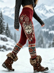 Leggings vintage en velours épais pour femme, motif tête de loup viking et motifs aztèques