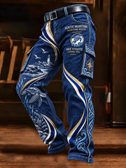 Pantalon de travail décontracté pour homme, bleu foncé, imprimé patchwork breton français