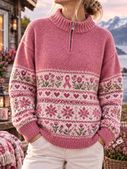 Pull d’hiver à imprimé floral pour la sensibilisation au cancer du sein, pour femme