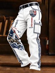 Pantalon de travail décontracté blanc pour homme, style breton, à imprimé patchwork