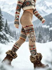 Vintage Viking Wolf Head Aztec velours épais Leggings pour femmes