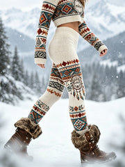Vintage Viking Wolf Head Aztec velours épais Leggings pour femmes