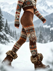 Vintage Viking Wolf Head Aztec velours épais Leggings pour femmes
