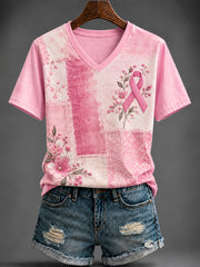 T-shirt rose imprimé à col en V pour le cancer du sein chez la femme
