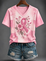 T-shirt rose imprimé à col en V pour le cancer du sein chez la femme
