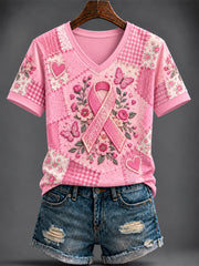 T-shirt rose imprimé à col en V pour le cancer du sein chez la femme